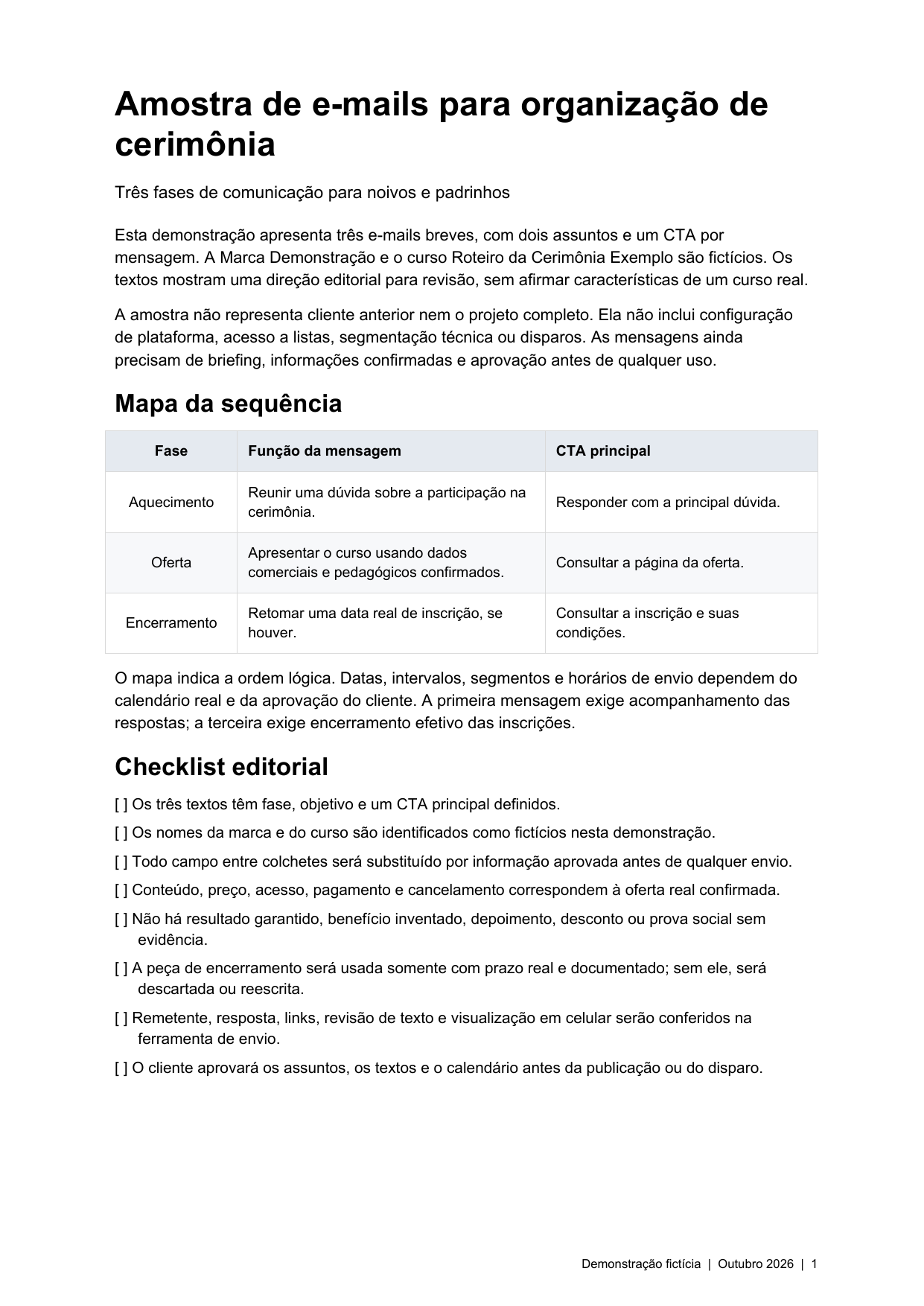 Primeira página da amostra de e-mails, com o mapa das três fases da sequência