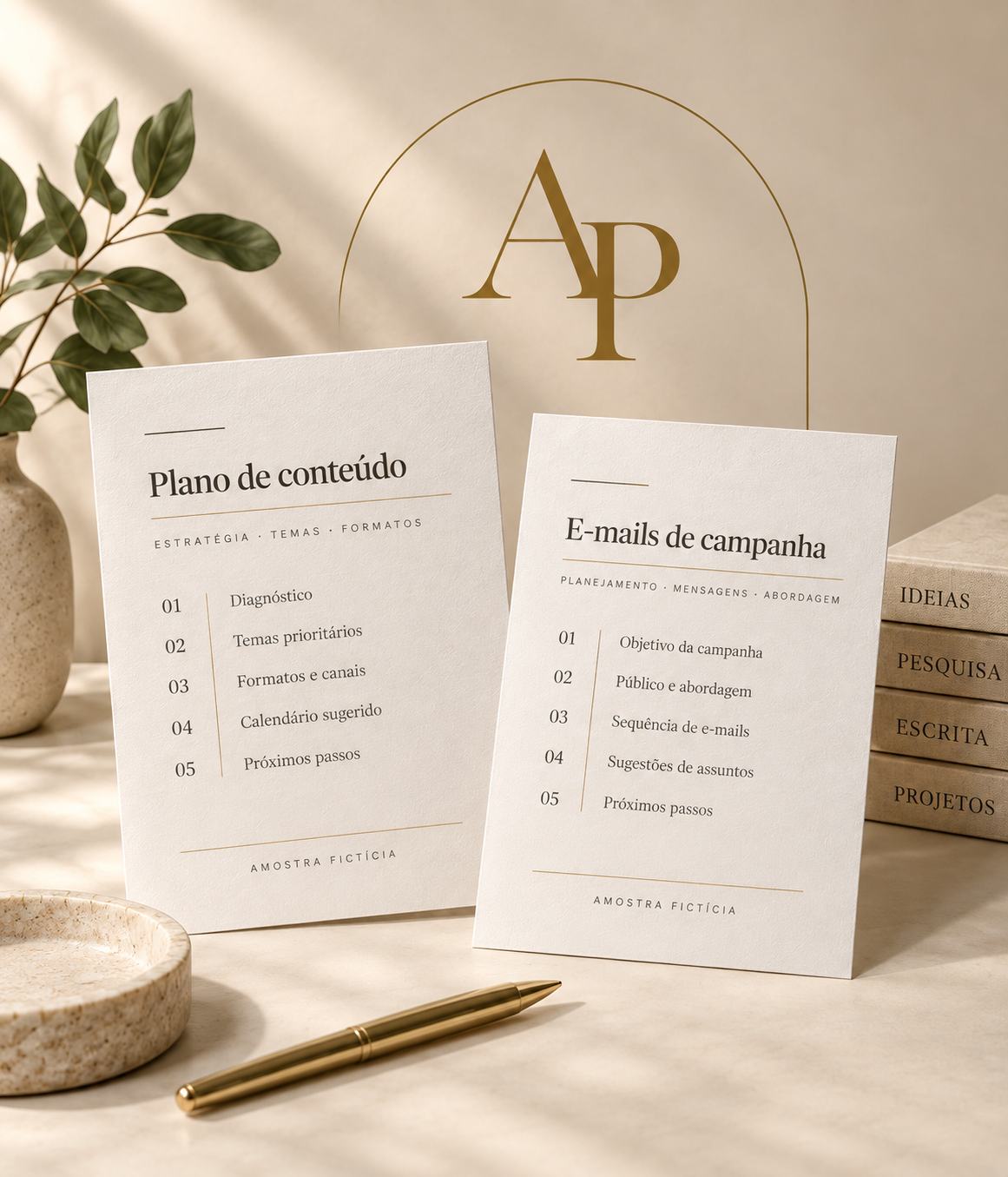 Composição editorial com papéis, livros e as iniciais AP, em tons de creme e dourado