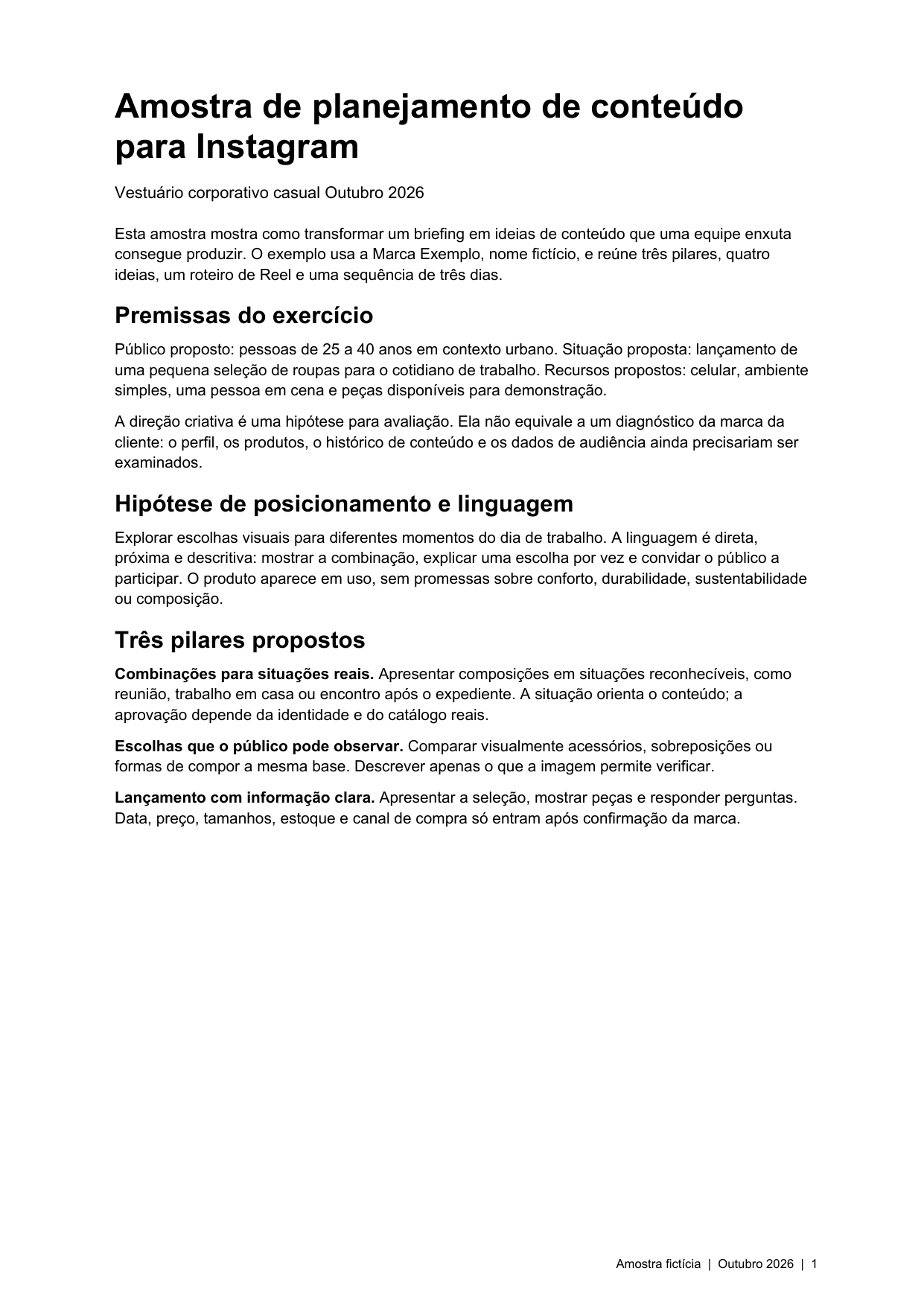 Primeira página da amostra de planejamento de conteúdo, com premissas e pilares editoriais